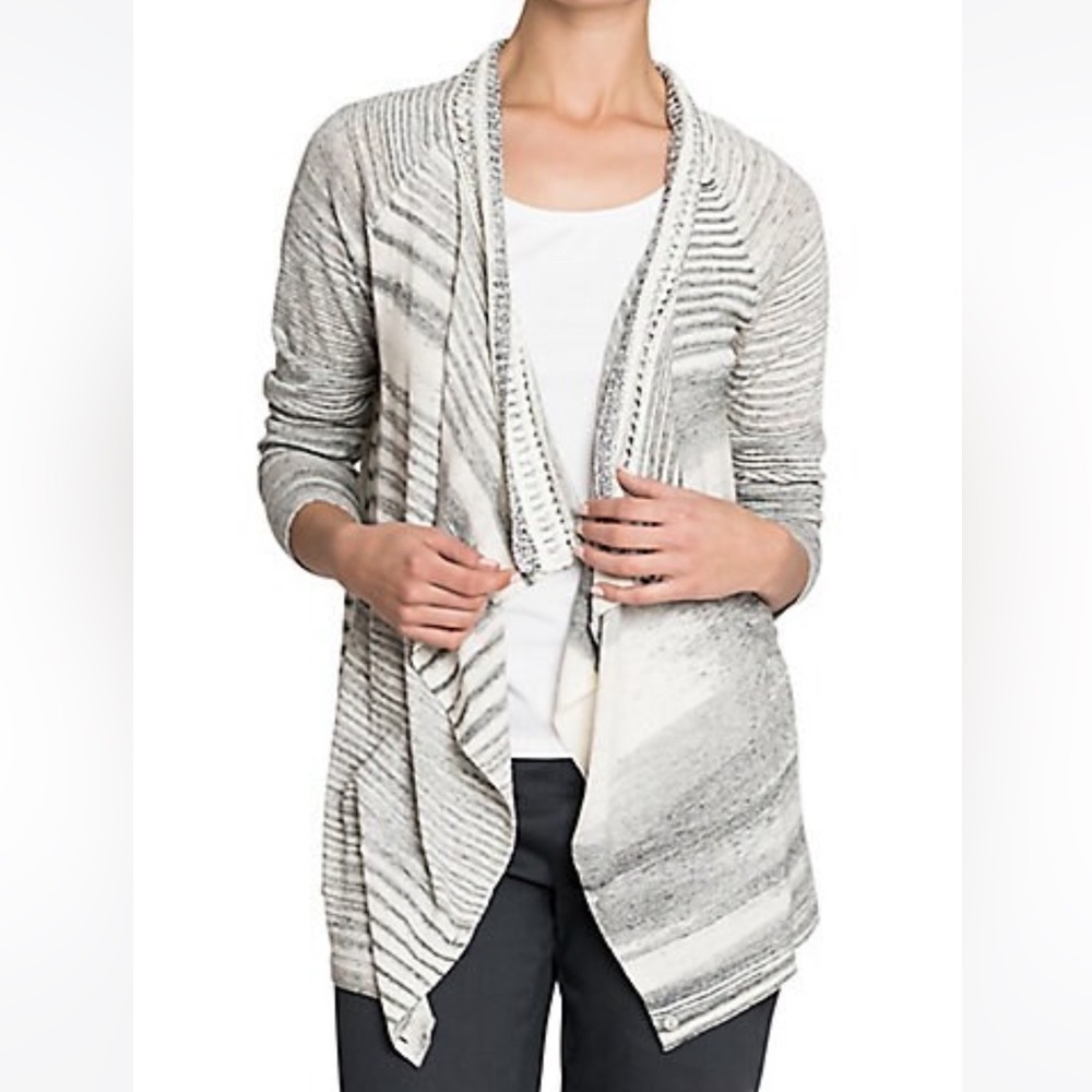 NIC + ZOE Neutral Striped Open Front Cardigan | Waterfall Drape Knit Sweater PM